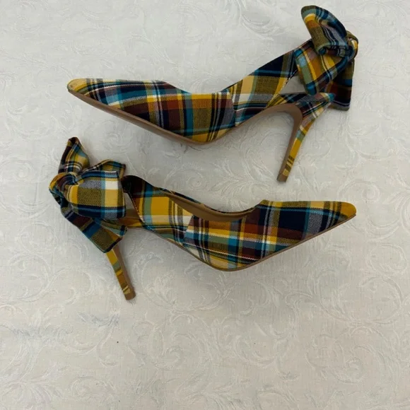 asos Plaid Slingback Pumps with Bow on heel szUK4/US6 Yellow Multi color - Picture 3 of 8